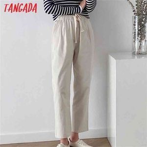 Tangada mode femmes coton lin Crop pantalon pantalon Strethy taille poches femme AI30 210915