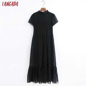 Tangada mode femmes points robe noire volants col à manches courtes dames élégante robe midi Vestidos 6Z38 210623