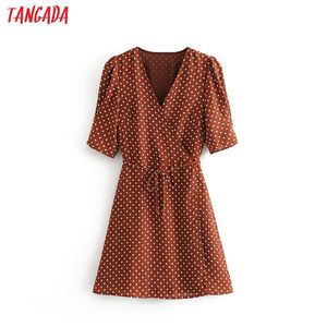 Tangada Mode Dames Dots Print Chocolade Jurk Zomer Korte Mouw Dames Elegante Chiffon Kantoor Jurk Vestidos 6M03 210609