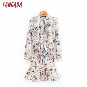 Tangada Mode Dames Floral Print Shirt Jurk met Slash Aankomst Vrouwelijke Elegante Mini Dress 4Y12 210609
