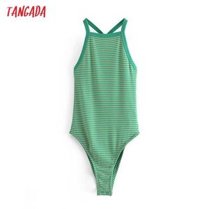 Tangada Mode Femmes Vert Rayé Strethy Bodyshirt Chemise Combishort Dos Nu Femelle Tops 3W97 210609