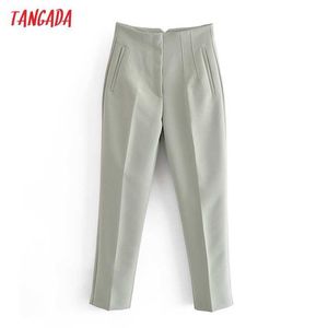 Tangada Mode Femmes Taille Haute Vert Clair Costume Pantalon Pantalon Boutons Bureau Dame Pantalon Pantalon QN156 Q0801