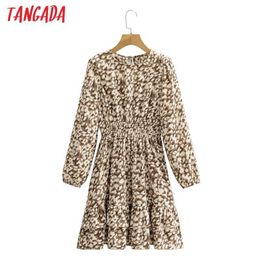 Tangada moda mujer leopardo estampado A-line vestido primavera manga larga señoras Strethy cintura Mini vestido Vestidos 1F33 210609