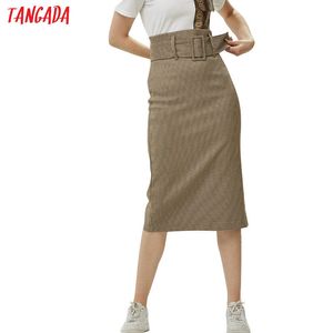 Tangada mode femmes jupe à carreaux vintage travail bureau dames jupe avec ceinture mujer rétro mi-mollet jupes BE175 Y200704