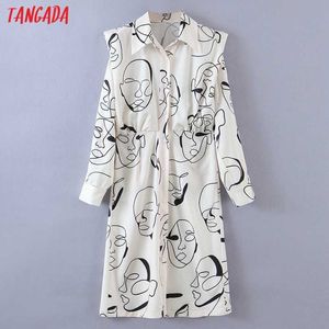 Tangada mode femmes imprimer volants bureau dame chemise robe à manches longues élégante robe mi-longue 3Z68 210609