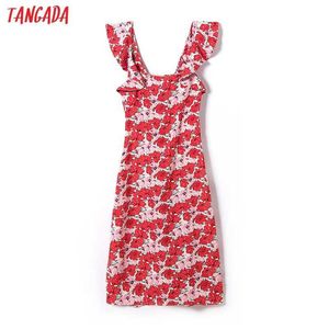 Tangada Mode Vrouwen Rode Bloemen Print Strap Jurk Mouwloze Backless Vrouwelijke Casual Lange Jurk 6H39 210609