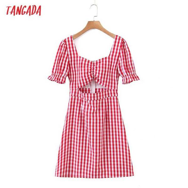 Tangada mode femmes rouge Plaid découpe robe à manches courtes dames Vintage Mini robe Vestidos RB29 210609