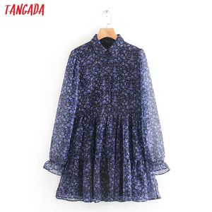 Tangada Mode Vrouwen Ruches Blue Floral Print Shirt Jurk Turn Down Collar Mesh Patchwork Lange Mouw Vintage Vestidos LJ200820