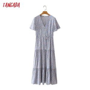 Tangada estilo francés mujer estampado floral verano viscosa vestido largo cuello en V manga corta señoras vestido 2M172 210609