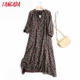 Tangada, vestido de gasa suelto con estampado de flores de alta calidad para mujer, vestido Midi de manga larga para oficina para mujer 4C49 210609