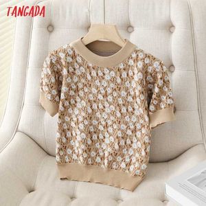 Tangada Corée Chic Femmes Fleurs Motif D'été Pull À Manches Courtes Dames Tricoté Pull Tops 7H04 210609