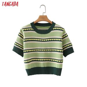 Tangada Corée Chic Femmes Vert Coeur Summer Crop Pull À Manches Courtes Dames Tricoté Jumper Tops 7Y26 210609