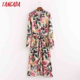 Tangada Primavera Moda Vintage Mujeres Imprimir Camisa Vestido Manga Larga Oficina Señoras Midi con Slash 1D81 210623