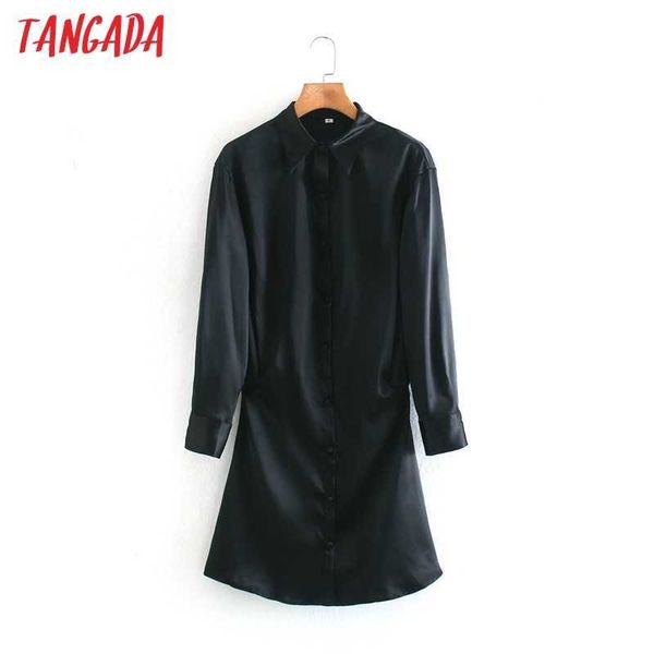 Tangada printemps mode femmes noir Satin chemise robe à manches longues bureau dames dos fermeture éclair Mini robe 2XN42 210609