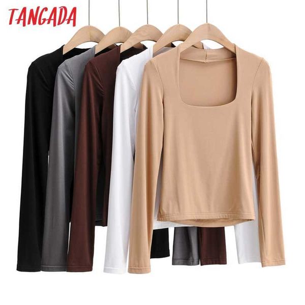 Tangada Spring Fashion Mujeres Rayon Strethy T Shirt Manga larga Cuello cuadrado Tees Ladies Casual Tee Shirt Street Wear Top 4P28 210609