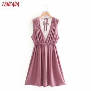 Tangada zomer mode vrouwen roze zomerjurk diepe v-hals backless mouwloze dame geplooide jurken vestido xn273 210609