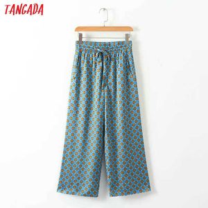 Tangada été femme imprimé géométrique bleu jambe large pantalon noeud papillon poche rétro femme streetwear pantalon décontracté mujer XD313 210609