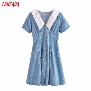 Tangada Zomer Dames Denim Franse Stijl Peter Pan Collar Patchwork Jurk Korte Mouw Dames Mini Jurk Vestidos 3H518 210609