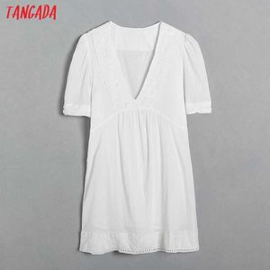 Tangada zomer vrouwen borduurwerk wit katoen jurk v-hals korte mouw dames mini jurk vestidos 6h16 210609