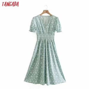 Tangada Zomer Dames Groene Bloemen Print MIDI Jurk Bladerdeeg Korte Mouw V-hals Dames Sundress XN279 210609