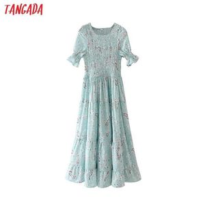 Tangada zomer vrouwen groene bloemen print Franse stijl jurk bladerdeeg korte mouw dames sundress 5x43 210609