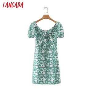 Tangada zomer vrouwen groen blad print strand jurk boog bladerdeeg korte mouw dames mini jurk vestidos 2m160 210609