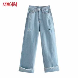 Tangada été femmes bleu clair déchiré jean ample pantalons longs poches boutons femme pantalon 4M149 210609