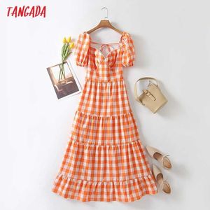 Tangada zomer vrouwen oranje plaid print backless lange jurk bladerdeeg korte mouw dames sundress 4T11 210609