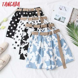 Tangada zomer vrouwen print denim shorts met riem vintage hoge elastische taille vrouwelijke korte broek mujer 5n12 210609