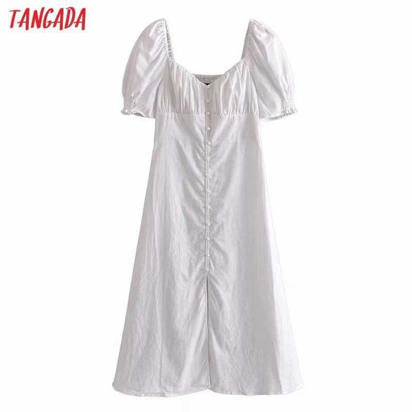 Tangada verano mujeres blanco algodón lino estilo francés vestido puff manga corta damas vestido midi 3h474 210609