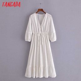 Tangada verano mujeres bordado blanco vestido romántico con cuello en v manga corta damas vestido midi vestidos 3h184 210609