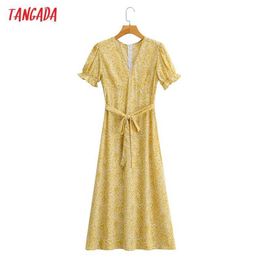Tangada zomer vrouwen gele bloemen print Franse stijl lange jurk met slash korte mouw dames sundress 1F189 210609