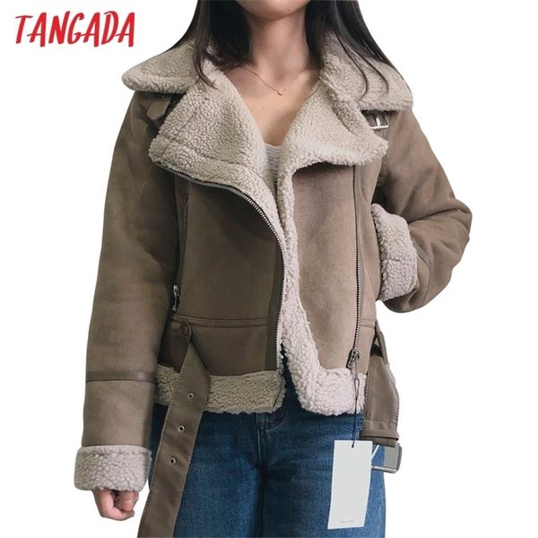 Tangada Winter Femmes Brown Fourrure Faux Cuir Veste Manteau avec ceinture Dames Épais Chaud Manteau surdimensionné 5B02 210914