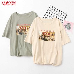 Tangada Vrouwen 70s Print Katoen T-shirt Korte Mouw Boyfriend Style Oversized Casual Tee Shirt Street Wear Top Bao10 210609