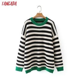 Tangada vrouwen herfst winter gestreepte gebreide trui jumper vrouwelijke oversize truien chique tops 4T158 211103