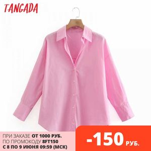 Tangada femmes basique rose coton chemises à manches longues solide col rabattu élégant bureau dames vêtements de travail Blouses XN320 210609