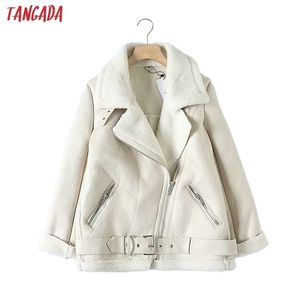 Tangada Femmes Beige Fourrure Faux Veste En Cuir Manteau Avec Ceinture Col Rabattu Dames Hiver Épais Chaud Manteau Surdimensionné 5B01 211029