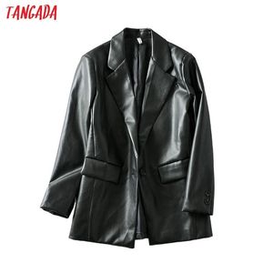 Tangada femmes noir faux cuir blazer femme à manches longues élégante veste dames casual blazer costumes LJ201021
