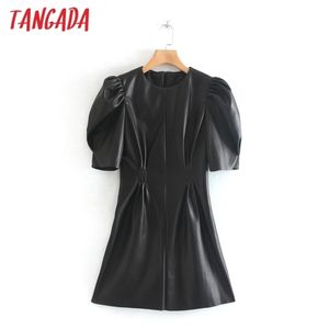 Tangada vrouwen zwarte kunstleer jurk vintage korte mouw rits vrouwelijke geplooide tuniek mini-jurk 210303