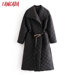 Tangada Mujeres Negro Largo Parkas Con Bolsillos De Cinturón Otoño Invierno Mujer Oficina Señora Elegante Abrigo QN50 210203