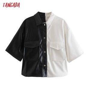 Tangada Femmes Noir Blanc Patchwork Faux Cuir Veste Manteau À Manches Courtes Lâche Garçon Ami Manteau AB06 210609