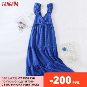 Tangada femmes bleu broderie romantique robe mi-longue sangle volants sans manches mode dame robes élégantes Vestido 6H19 210609