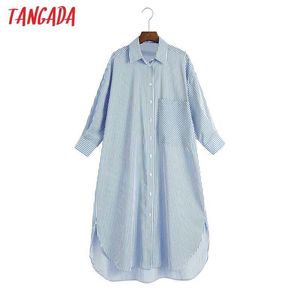 Tangada Femmes Bleu Rayé Longues Chemises À Manches Longues Col Rabattu Élégant Femme Casual Wear Blouses 6Z71 210609