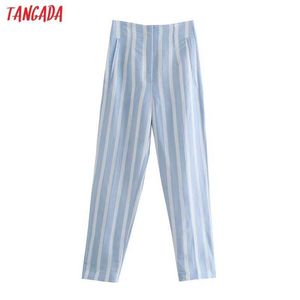 Tangada Femmes Bleu Rayé Imprimé Taille Haute Pantalon Pantalon Style Vintage Dame Pantalon Pantalon 4N27 Q0801