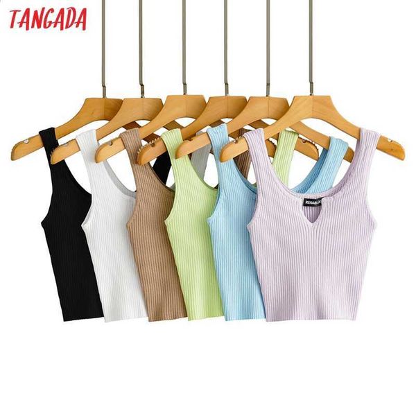 Tangada Femmes Candy Couleur Crop Knit Tank Top Sans Manches Dos Nu Femme Sexy V Cou Tops 2LK6 210609