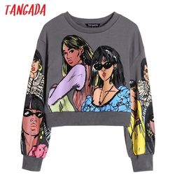 Tangada Dames Charater Print Crop Sweatshirts Oversize Lange Mouw Losse truien Vrouwelijke Tops 4H09 210803