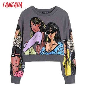 Tangada Femmes Charater Imprimer Crop Sweatshirts Oversize Manches Longues Pulls Lâches Femme Tops 4H09 211108