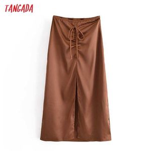 Tangada Dames Koffie Satijn Geplooid Midi Rok Faldas Mujer Vintage Side Zipper Office Dames Elegant Chic Mid Calf Rokken QN133 210609