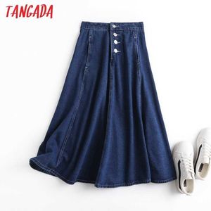 Tangada femmes bleu foncé Denim longue jupe Faldas Mujer Vintage boutons bureau dames élégant Chic jupes BC25 210609