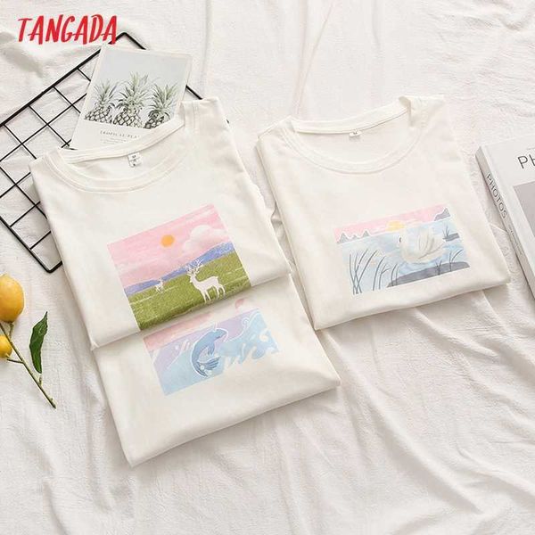 Tangada Femmes Cerf Imprimer Coton T-shirt À Manches Courtes O Cou Tees Dames Casual Tee Shirt Street Wear Top 2Y13 210609